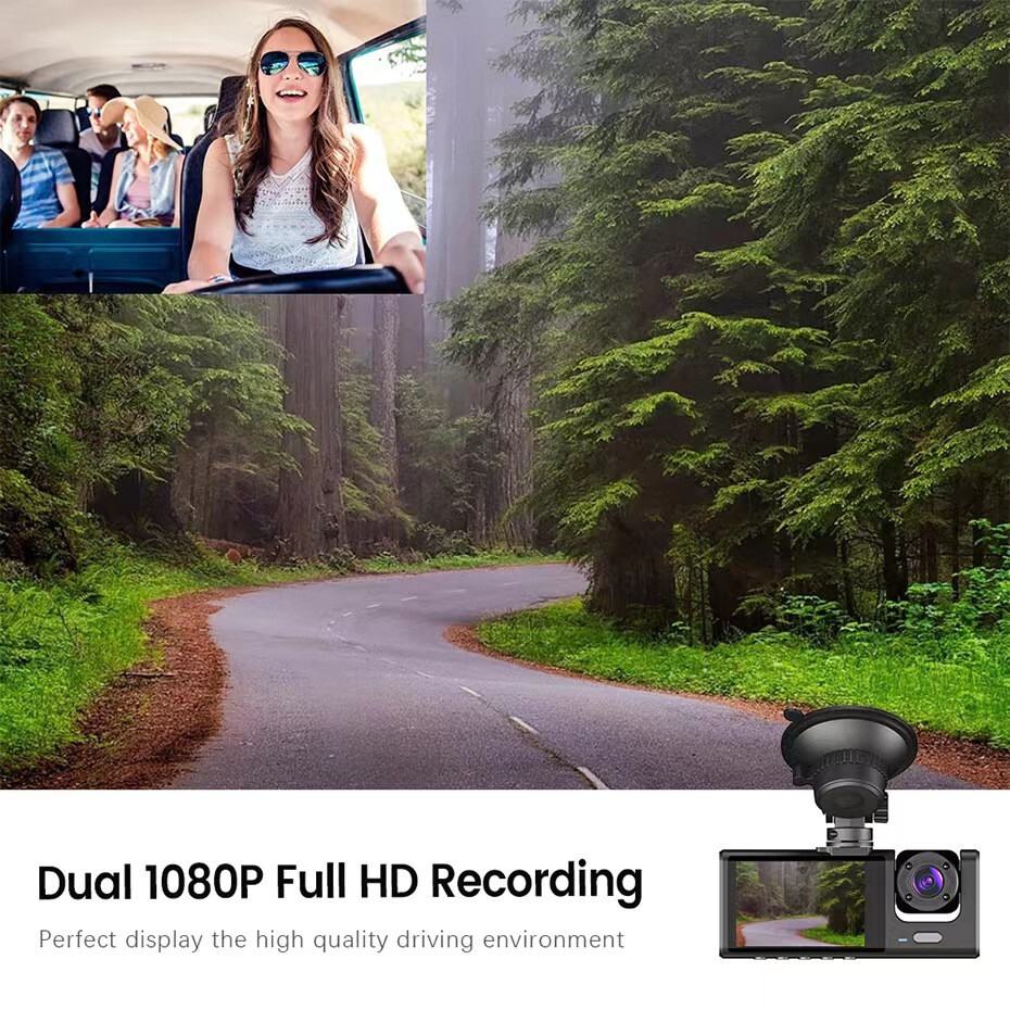 1080P Car Dash Cam DVR Recorder 3 Lens Front Rear Inside Camera Night Vision