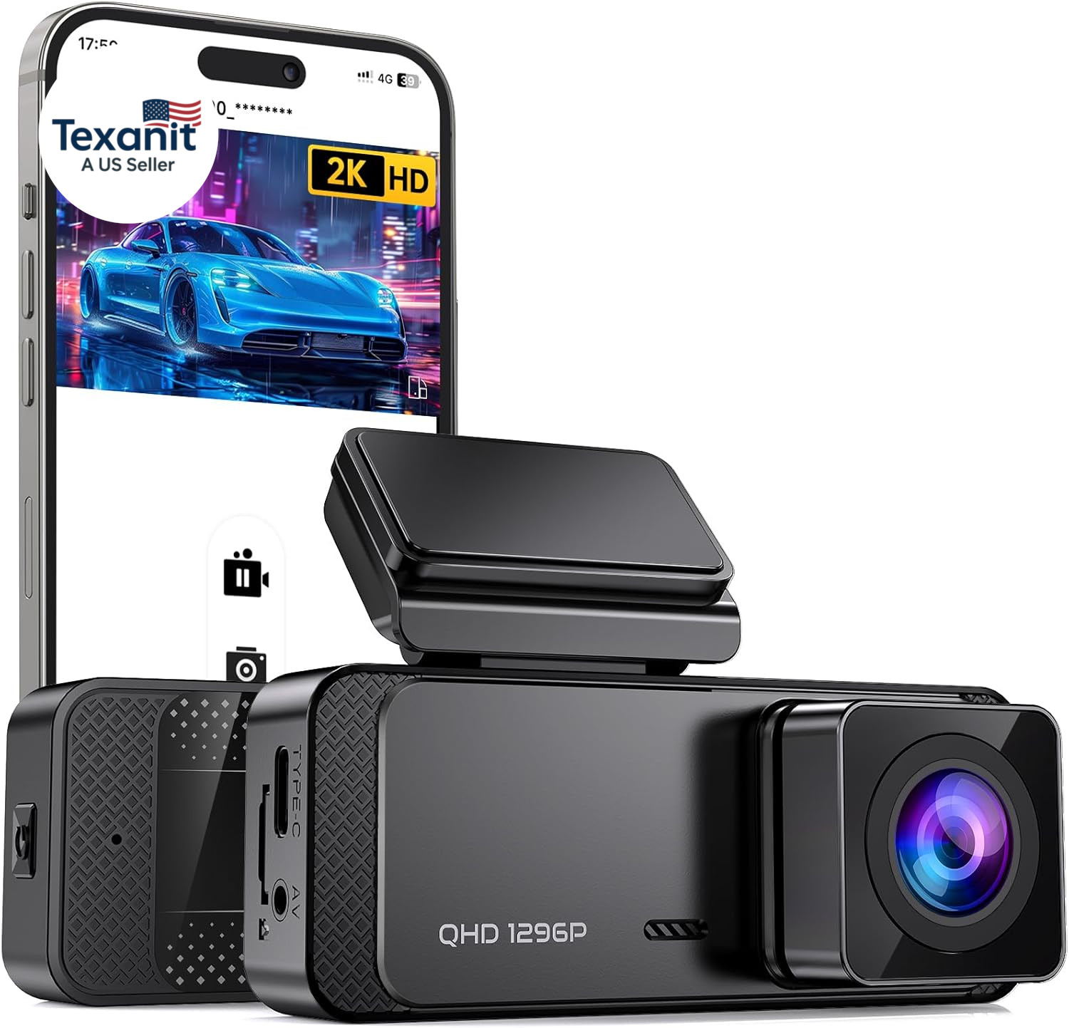 Dash Cam 1296P Front Dashcam, V300 Wifi Dash Camera for Cars with App, Night Vis