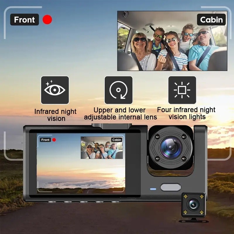 HD 1080P Car Dual Lens Dash Cam Front/Rear/Inside Video with Free 32 GB SD Card