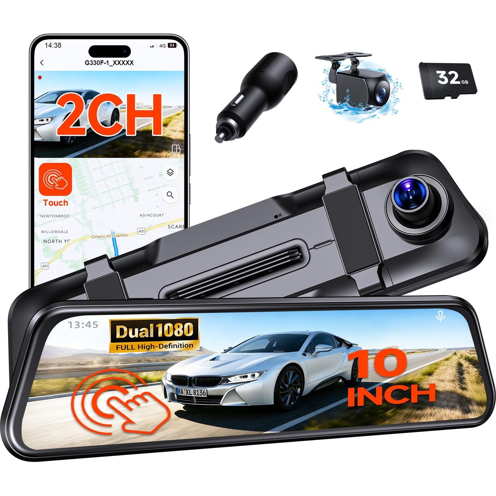 Cámara De Tablero Espejo 1080p HD 10″ Retrovisor Inteligente Con Pantalla Táctil