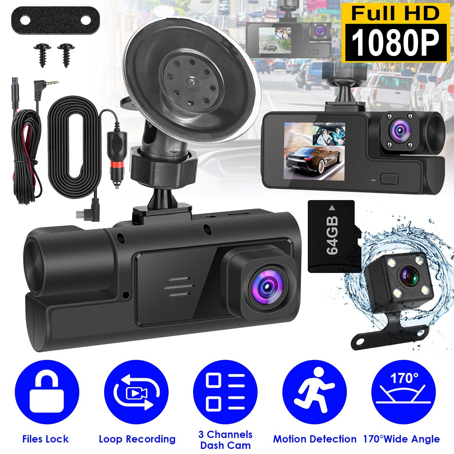 Front Rear Inside Camera 3 Channels 1080P HD Dash Cam Video Recorder Suction Cup
