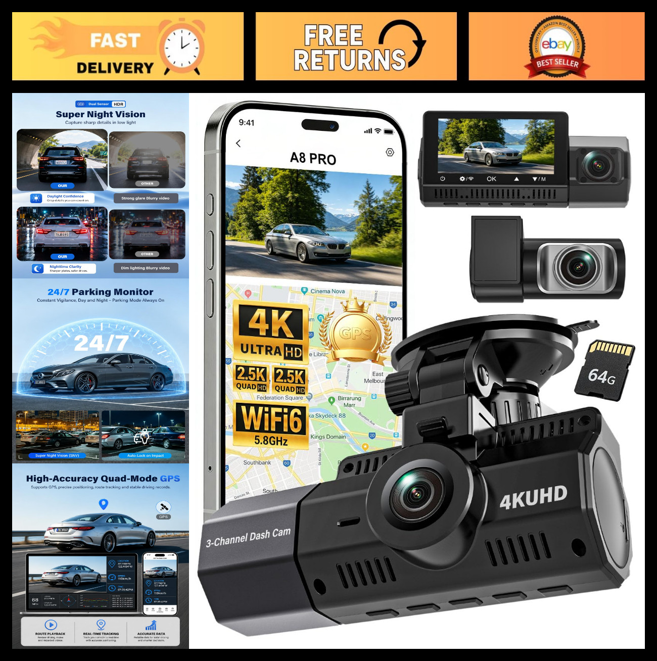 3-Channel Dash Cam 4K+2.5K+2.5K, WiFi & GPS, Perfect for Rideshare Drivers