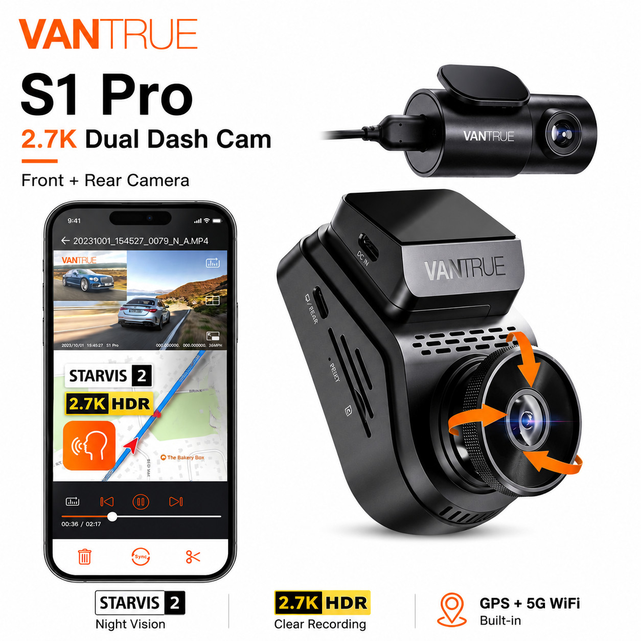 Vantrue S1 Pro AI Dual Dash Cam Front and Rear STARVIS 2 WiFi GPS Voice Control
