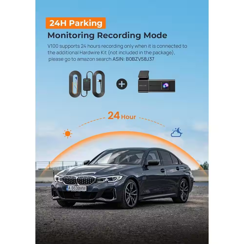 2. 5K QHD 1440P Mini Front Dashcam with Night Vision, App, G-Sensor, 24H Parking