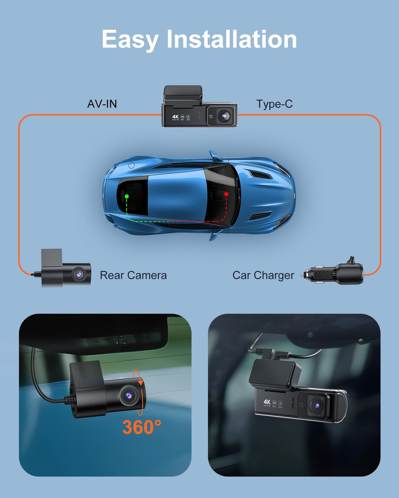 4K Dash Cam Front Rear:Dual Dash Camera for Car, 5GHz/2.4GHz Wi-Fi GPS Dashca…