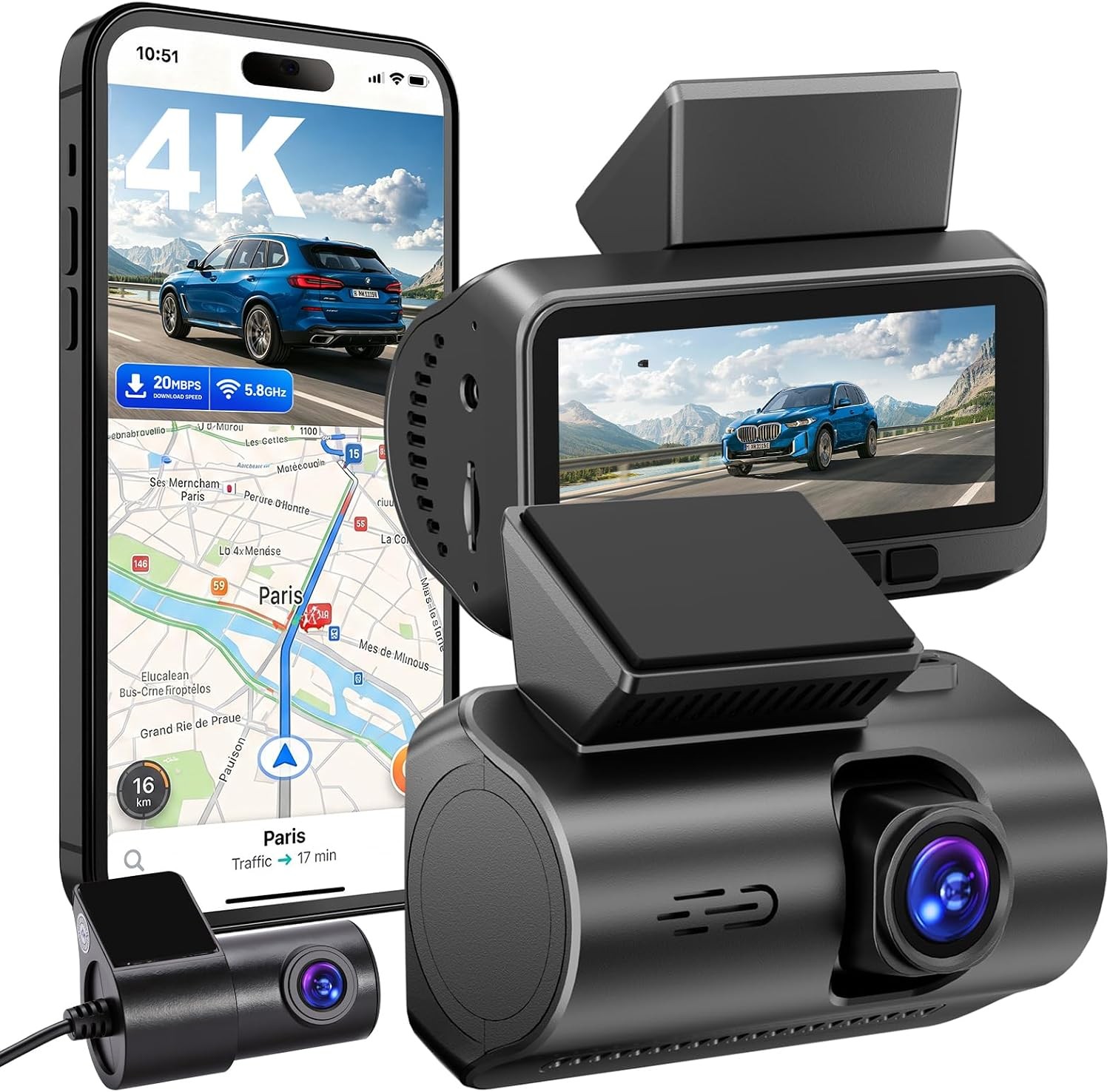 DKGEA 4K 1080P Front Rear Dash Cam WiFi GPS HDR ZD72D