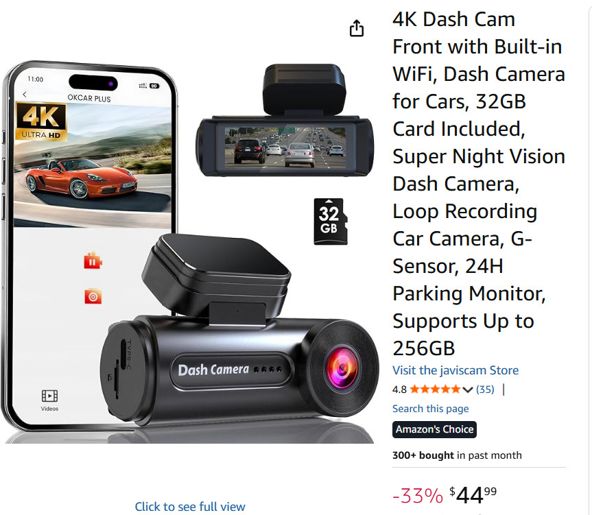 4K Dash Cam Front with Built-in WiFi, Dash Camera for Cars, 32GB Card Included