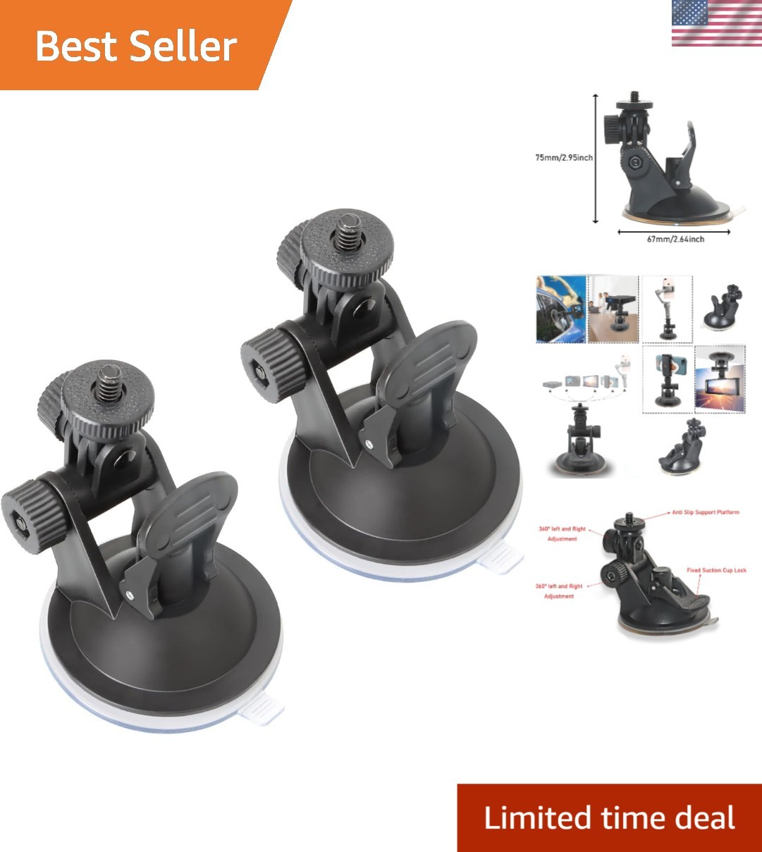 Mini Portable 2 Pack Windshield Dash Cam Suction Cup Holder Adjustable Setup