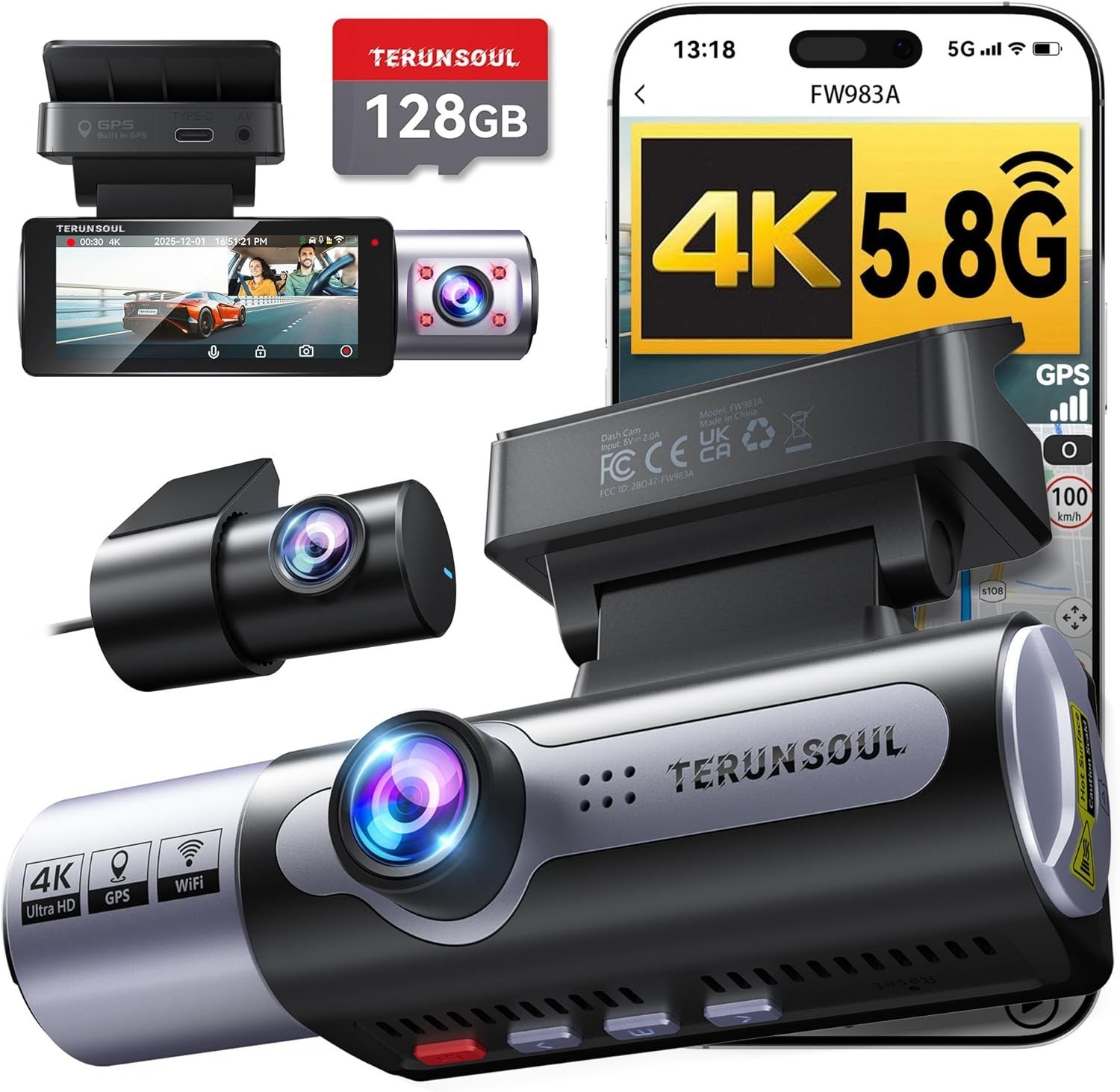 4K Dash Cam Front and Rear, Full HD 3 Channel Dashcam, Free 128GB Memory Card
