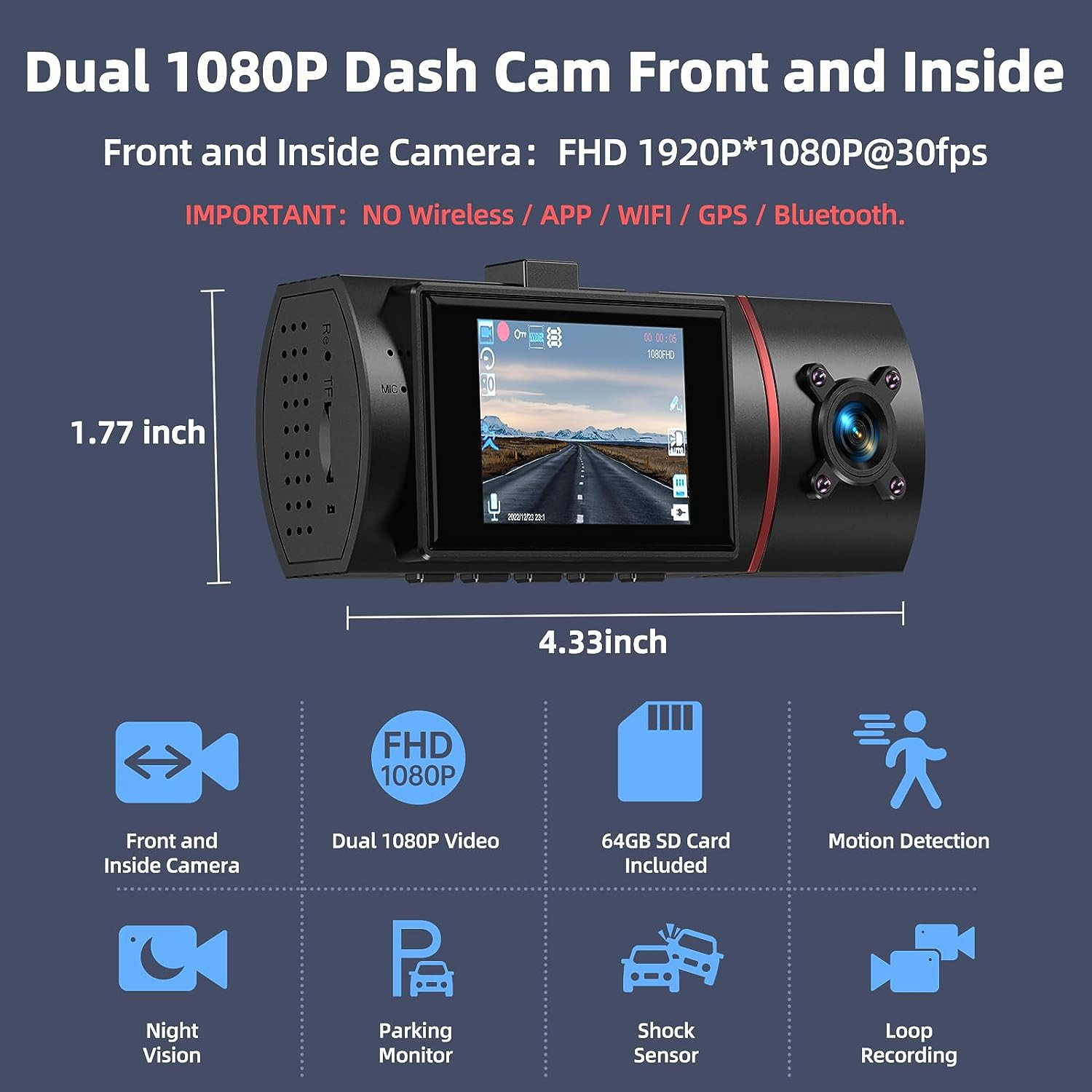 Dual Dash Cam Front and Inside 080P Dash Camera for Cars with Night Vision