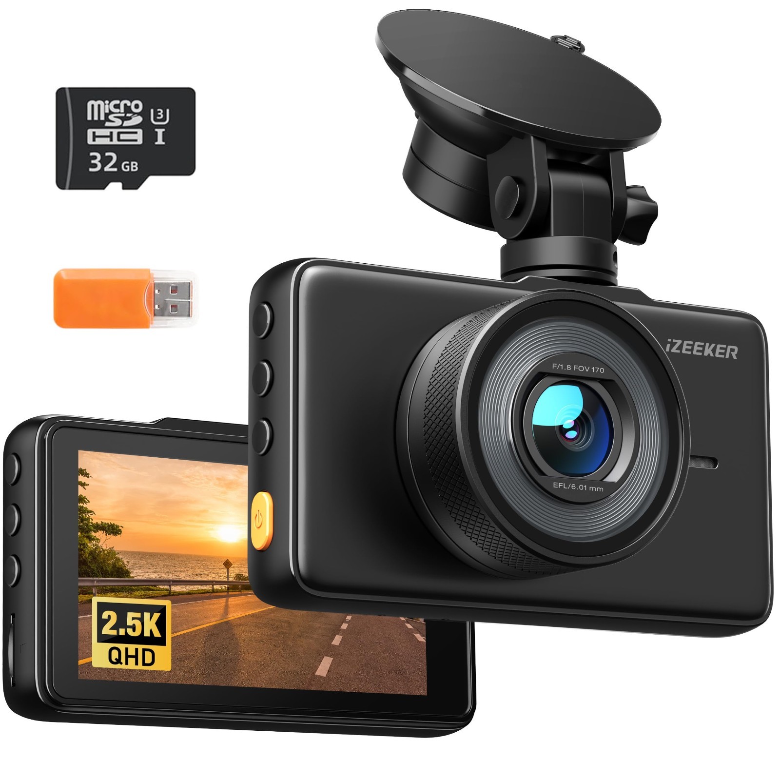 2.5K Dash Cam 1440P QHD Car Camera, 32GB Card, 3″ Display, Night Vision, 170° An