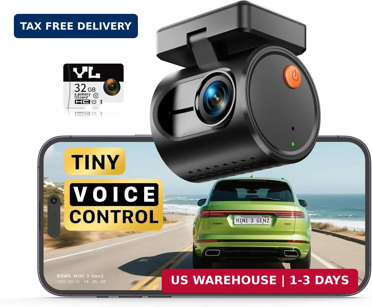 KAWA 2K Tiny Dash Cam, 1296P QHD Mini Car Camera DashCam – Voice Control, G -Sen