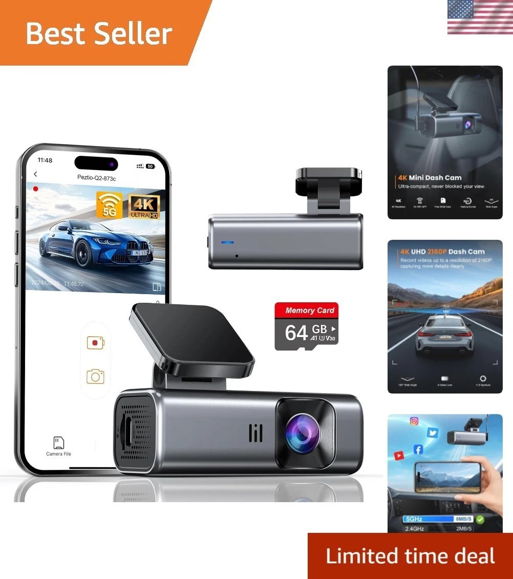 4K Front Dash Camera – 5G WiFi, Loop Recording & Super Night Vision – 64GB Card