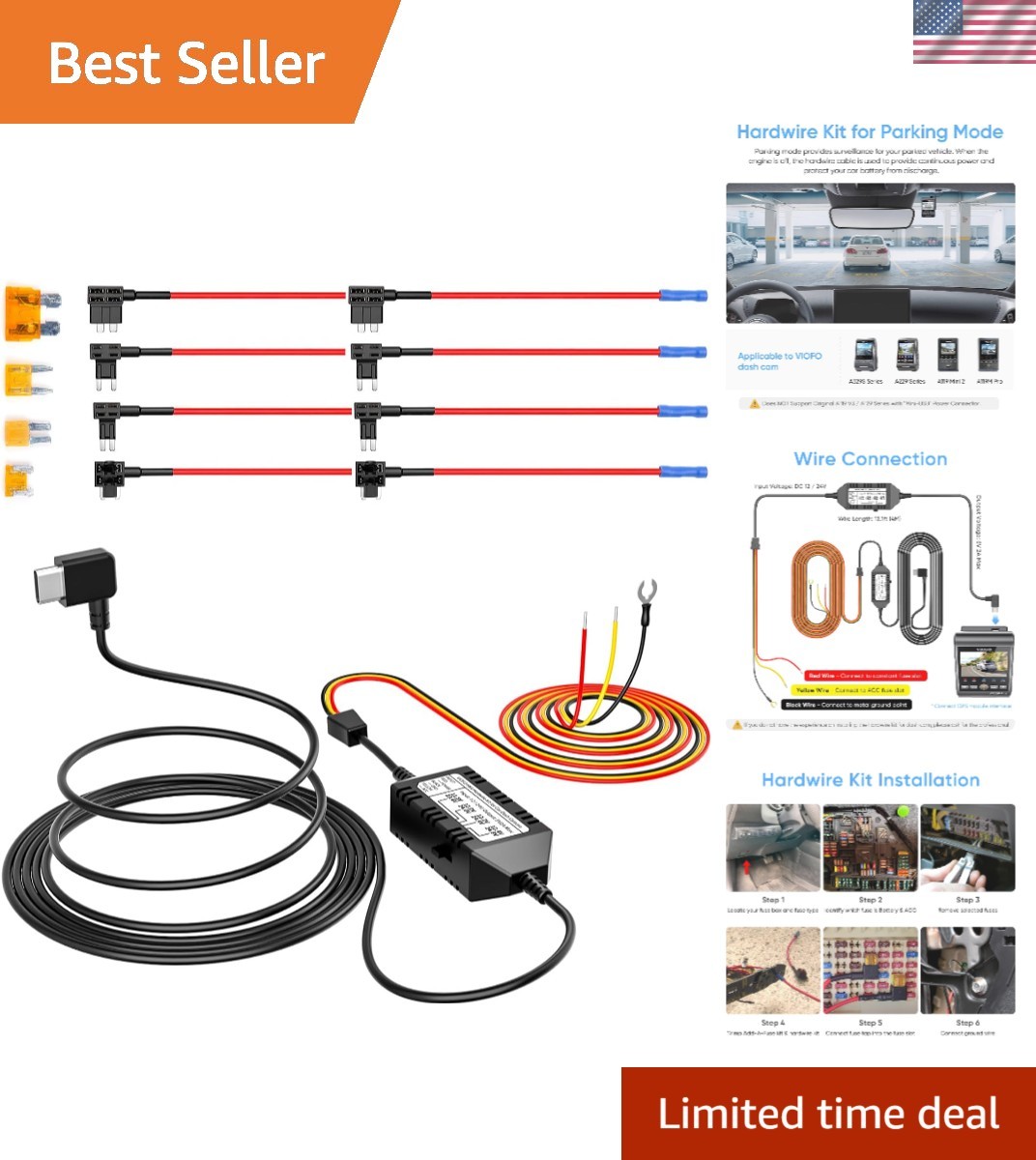 HK4 Hardwire Kit with 8pcs Full Set Circuit Fuse Tap, Type-C Port, for A329 s…