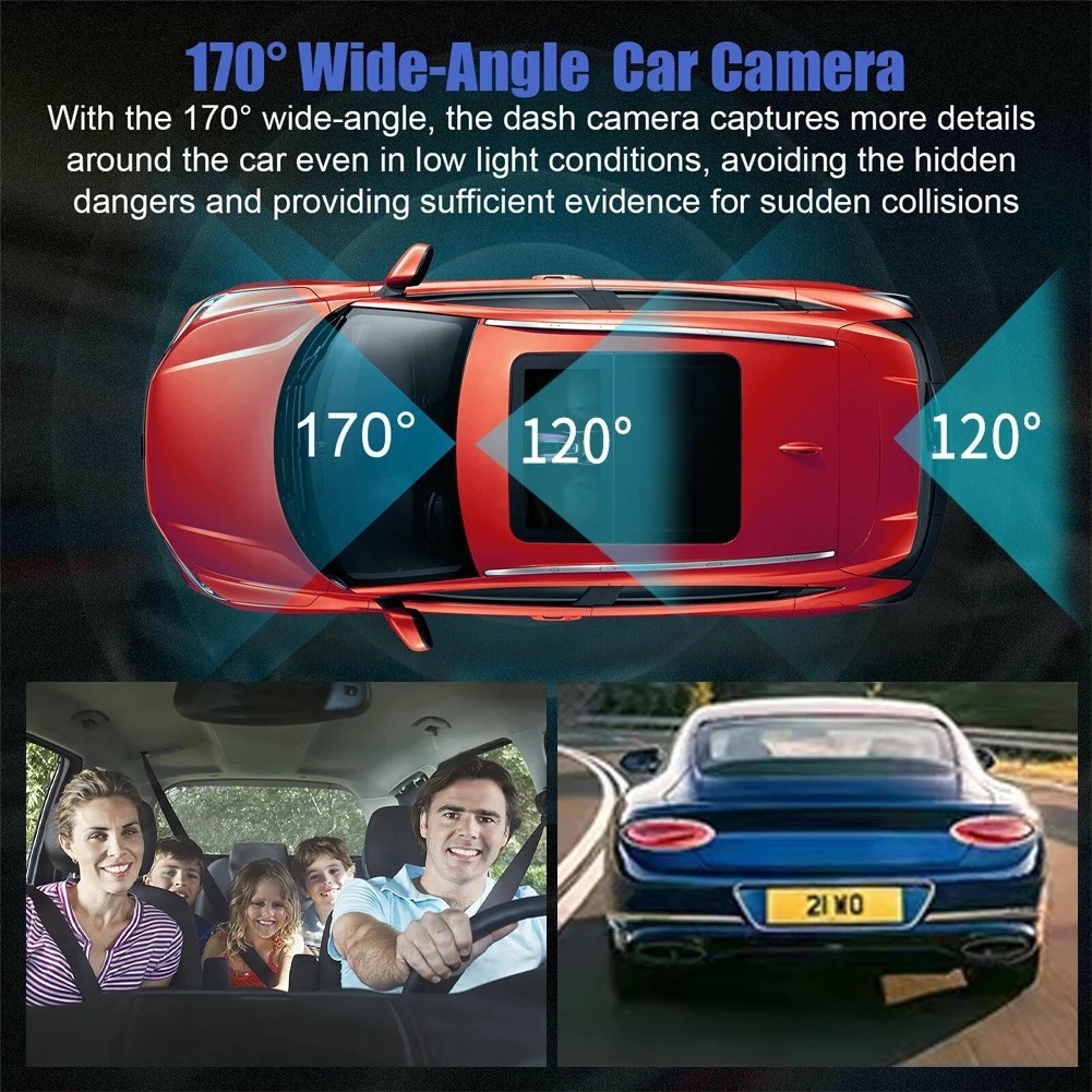 3 Lens Full HD 1080P Dashcam 3 Ch Vehicle DVR Dash Cam w/LCD Screen Black Box