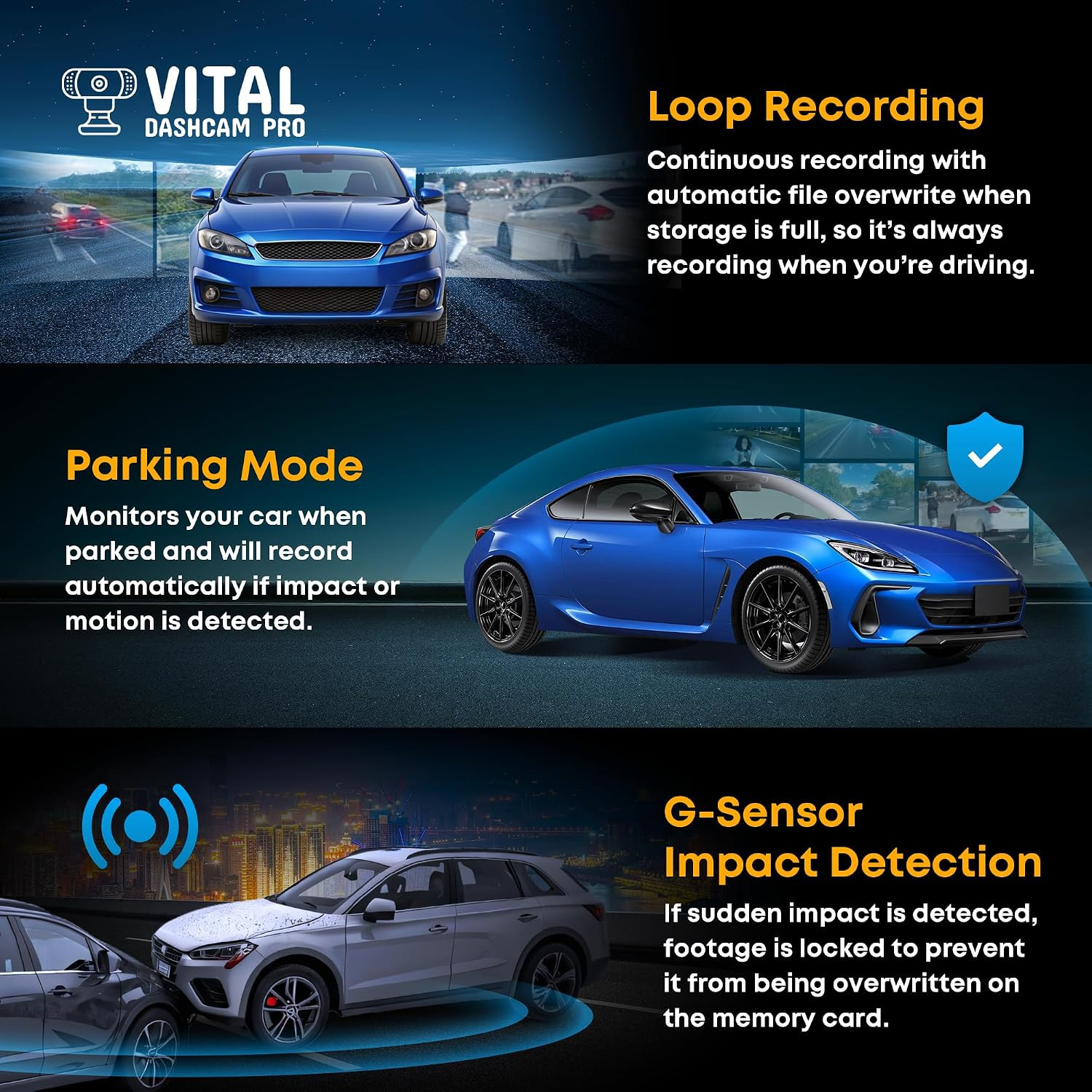 Vital Dash Camera Pro 2026 Dashcam Front and Rear Camera for Cars FHD | Dual Len
