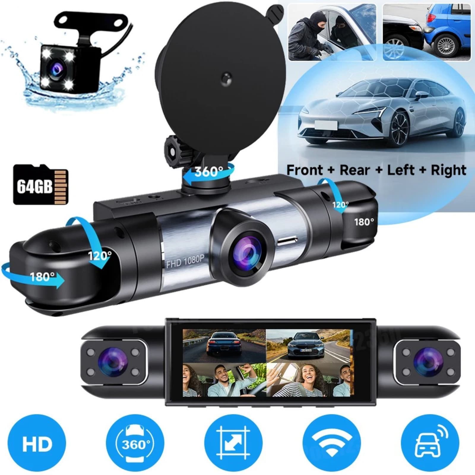 1080P 4 Way Dash Cam Front Rear Cabin Side View Camera 64GB Card 170 Degree Lens