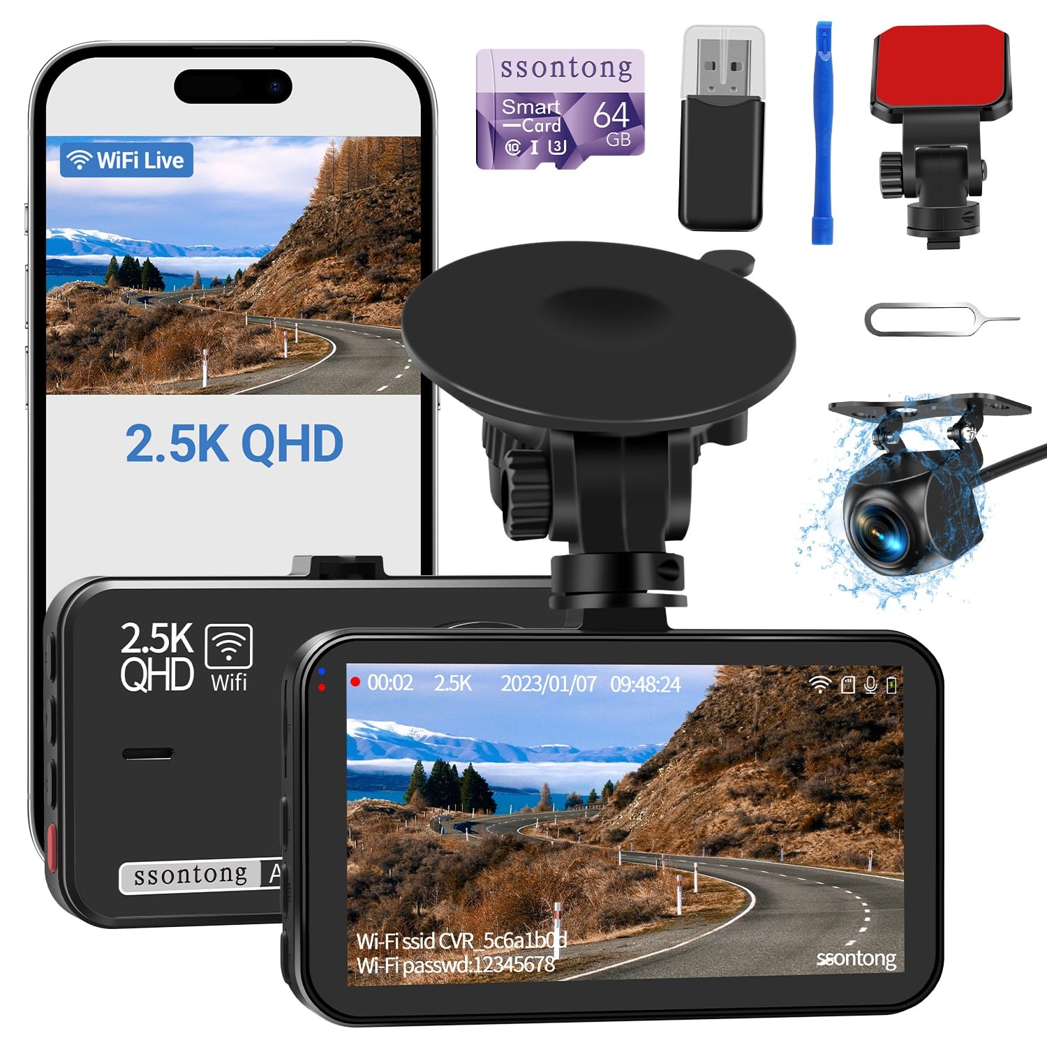 2.5K Front And 1080P Rear Dash Cam Dual Lens Car Camera With 64GB Card WiFi GPS