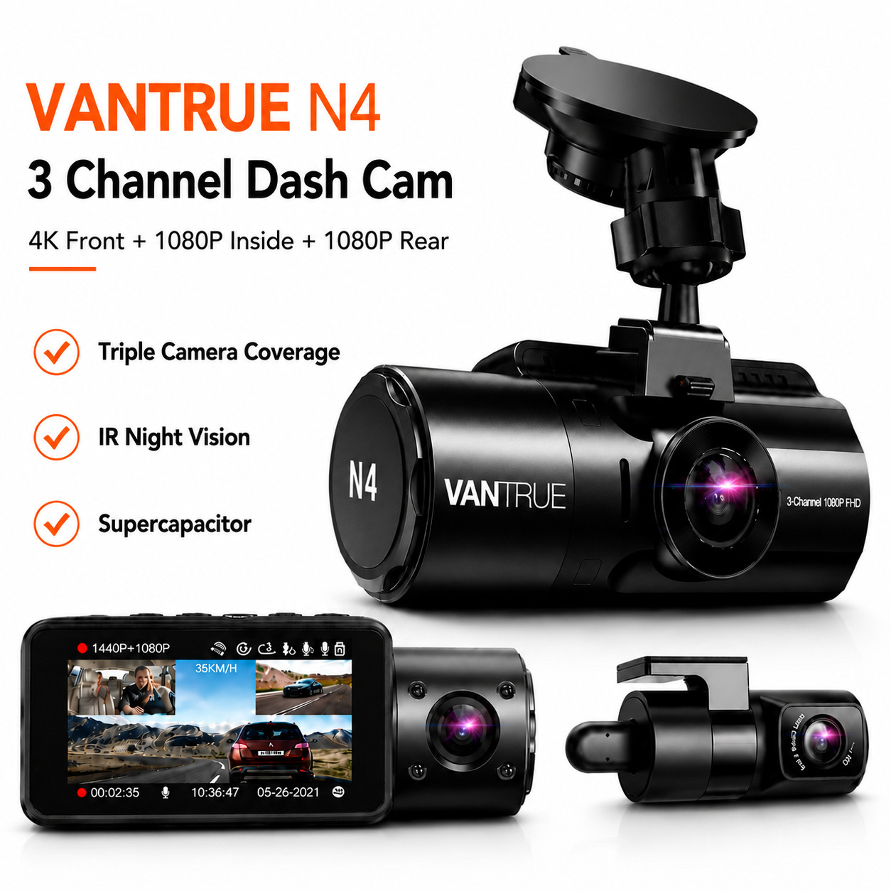 VANTRUE N4 4K Dash Cam 3 Channel Front Rear Inside Camera IR Night Vision GPS