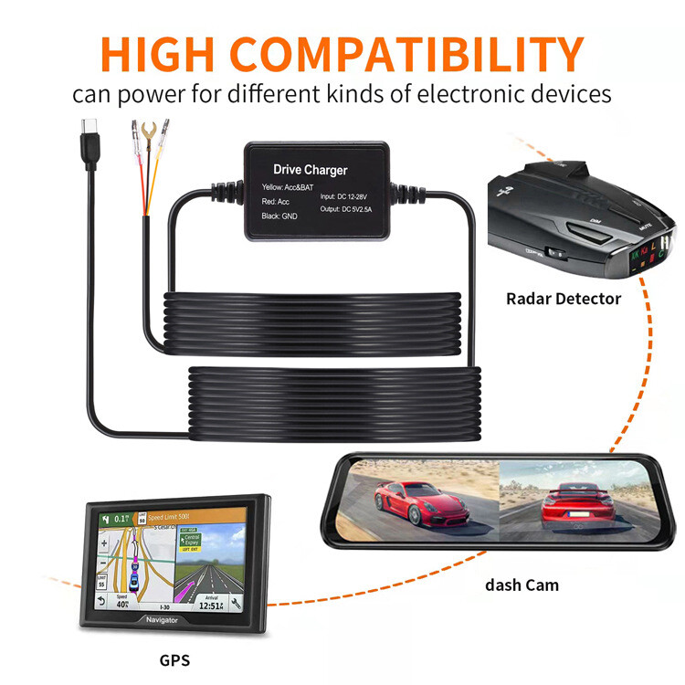 Universal TYPE-C Power Cord Dash Cam Voltages Reduction Cord Hardwire Kit