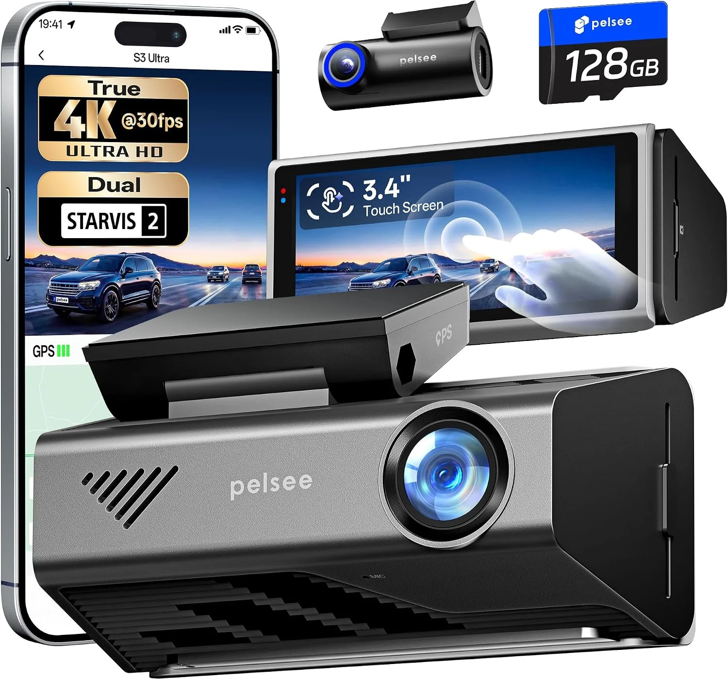 Pelsee S3 Ultra True 4K+2.5K Dash Cam Front and Rear,Dual Starvis 2 Sensor | Fre