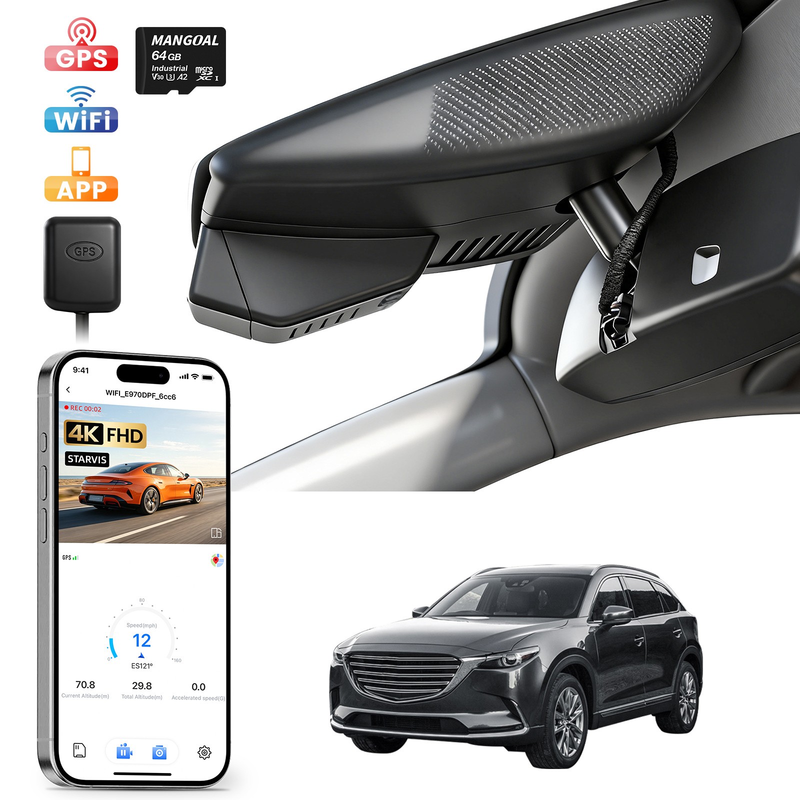 Mangoal 4K HDR Dash Cam for Mazda CX5 2019-2025 & CX-9 2020-2023 OEM Look GPS