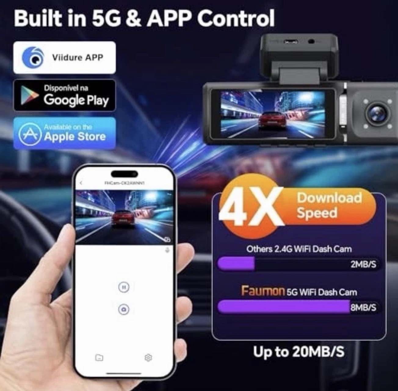 3 Channel 4K Dash Cam Front and Rear Inside, Built-in 5G WiFi, Black