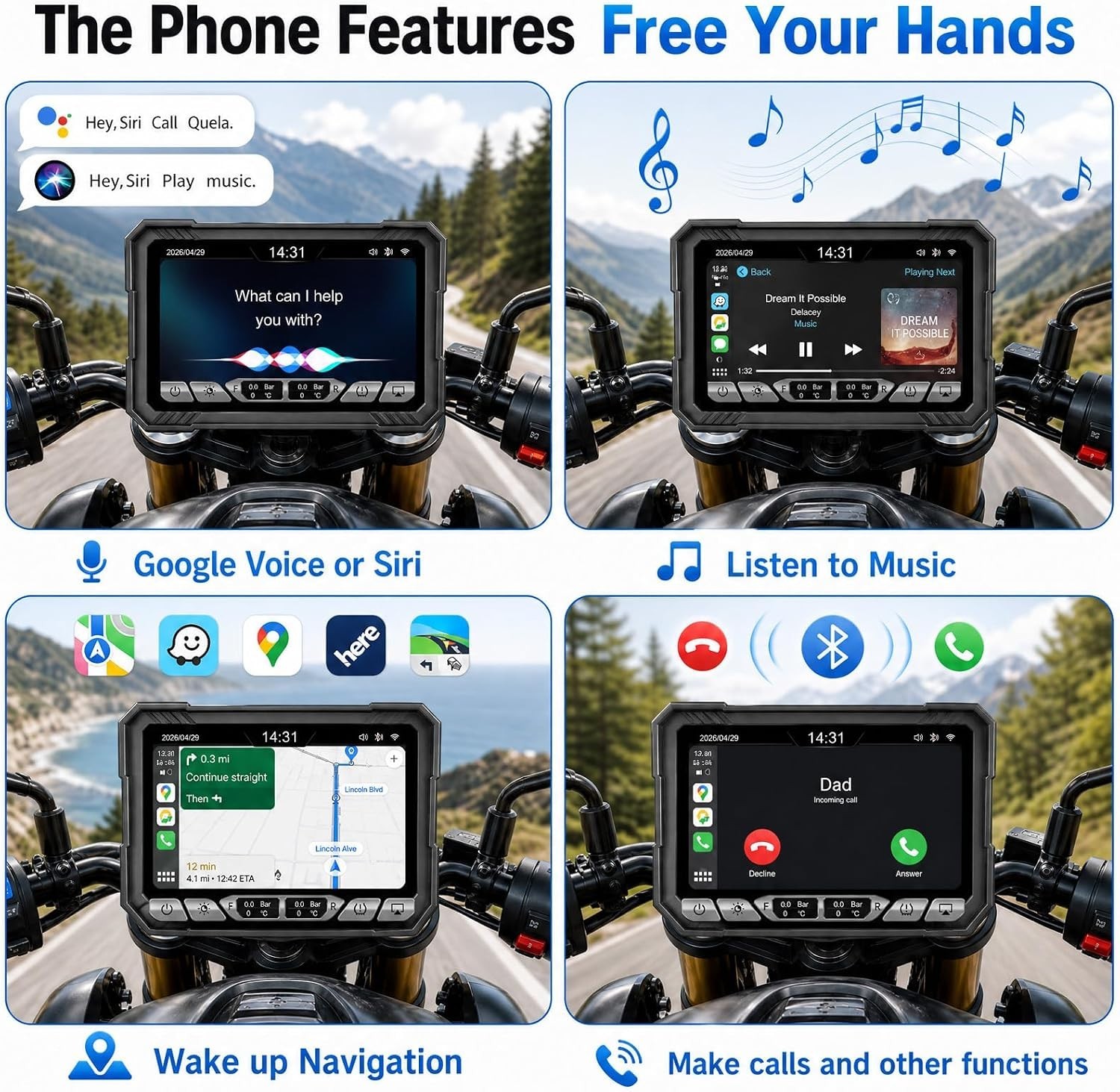 Motorcycle Dual 1080P Dash Cam A-pple Carplay Screen Bluetooth Loop Recording