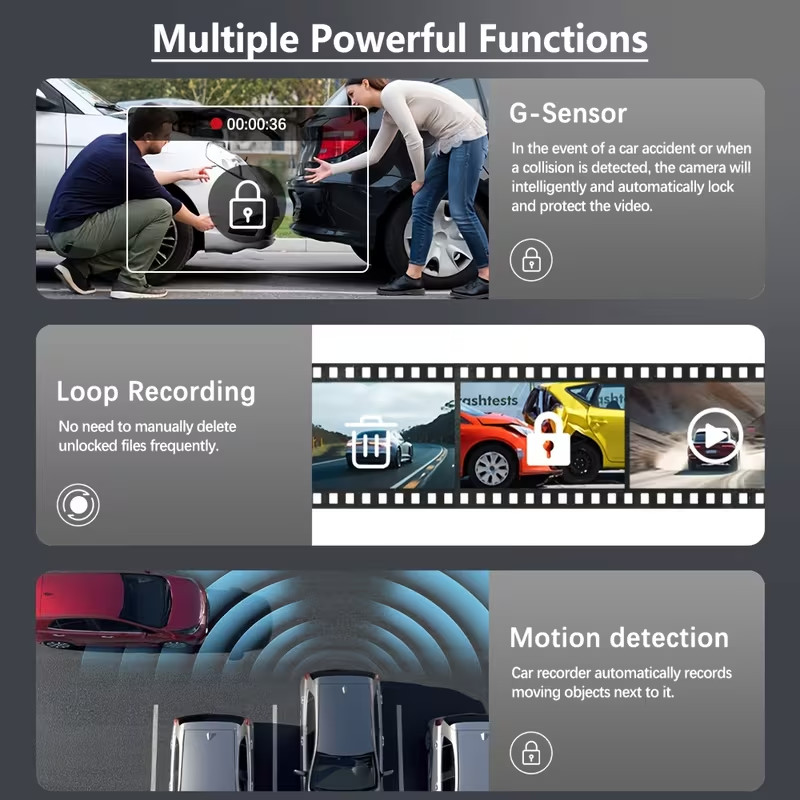 Full HD Front and Rear Dash Camera w/Night Vision, 1080P recording, 2in screen
