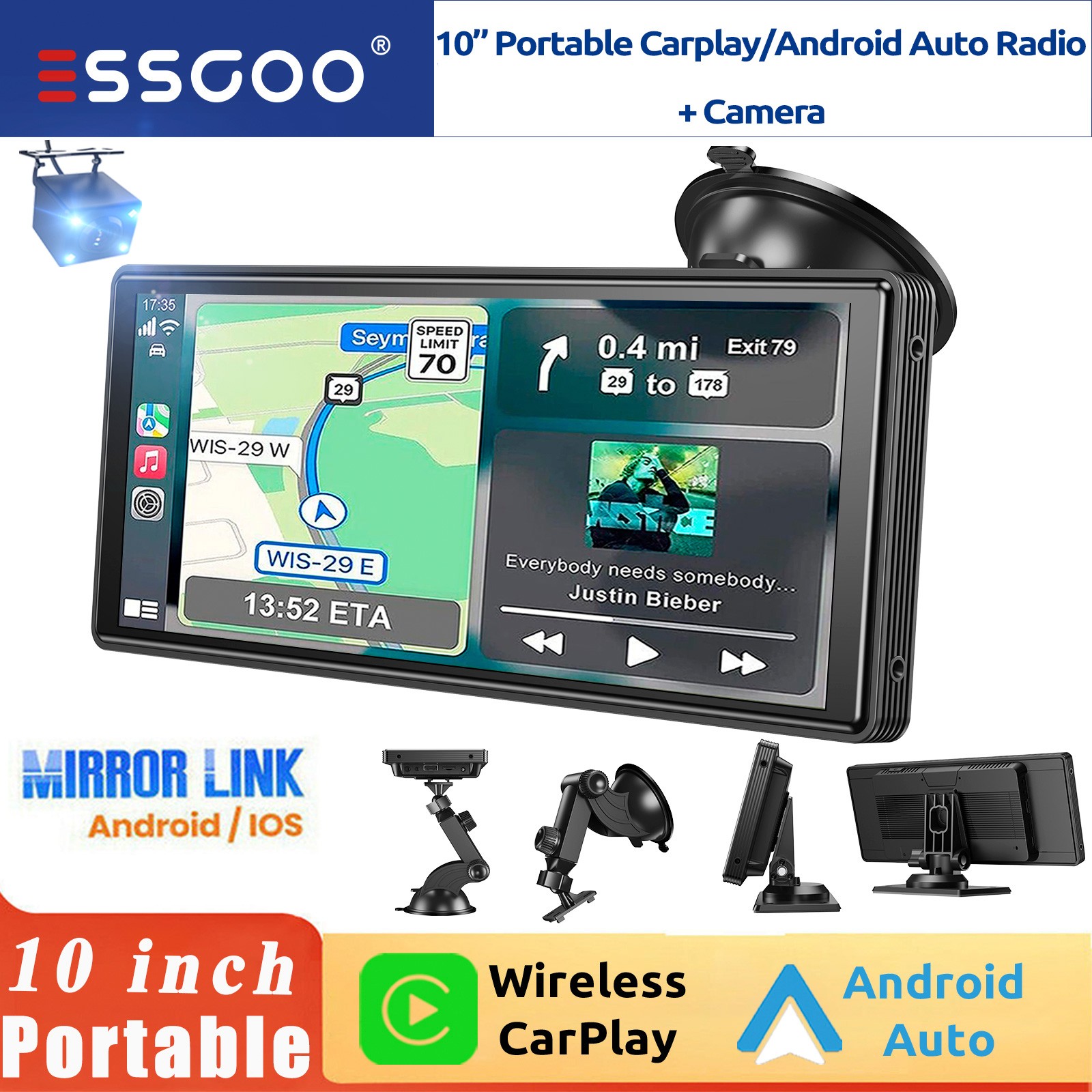 10.26″ Portable Car Stereo Radio Wireless Apple Carplay/Android Auto USB Camera