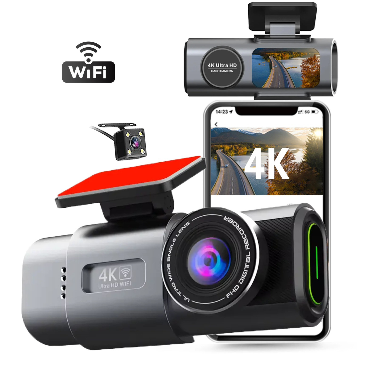 4K Dash Cam Front and Rear Dual Dash Camera WIF I& GPS IR Night Vision G-Sensor