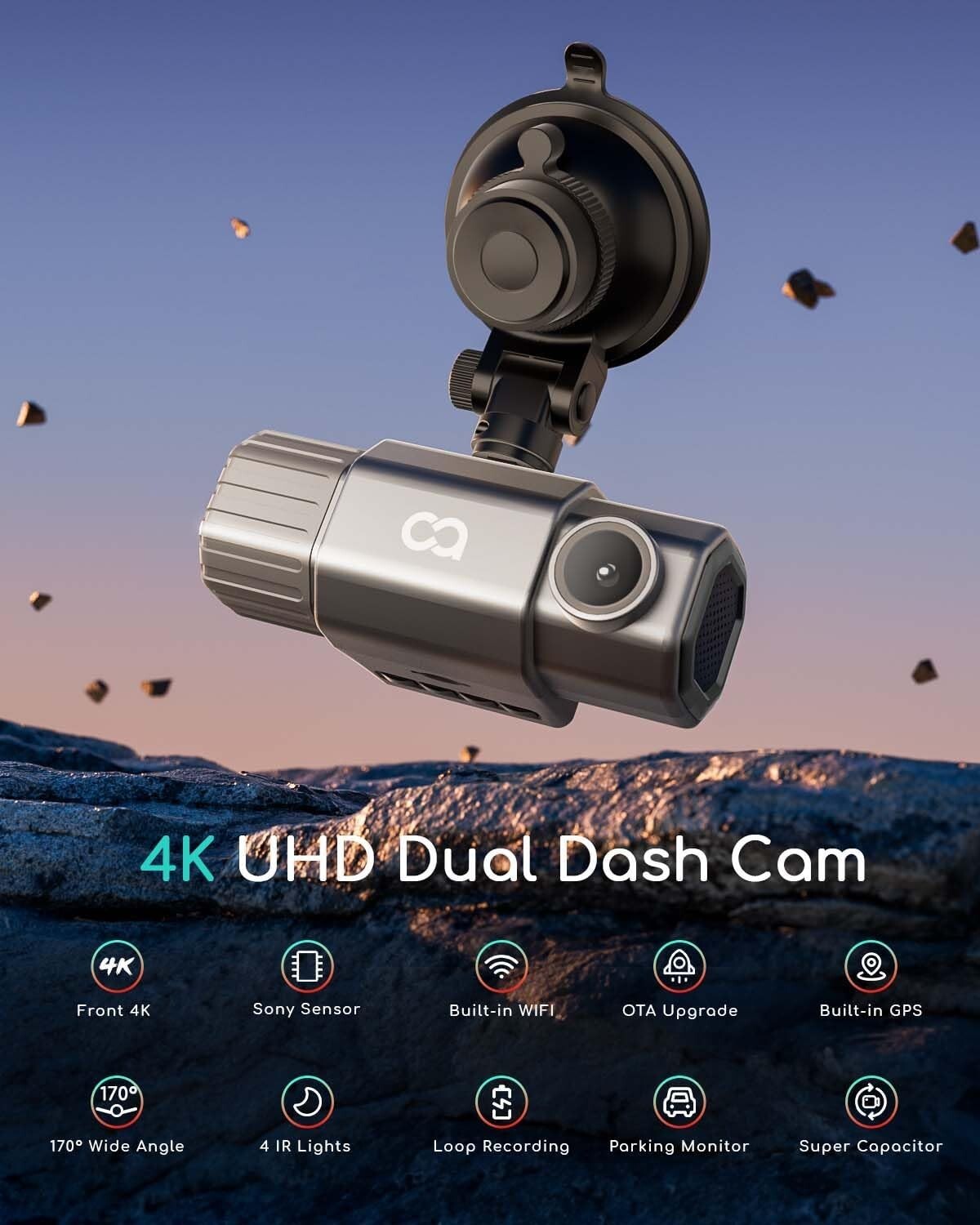 COOAU 2.5K WiFi Dual Dash Cam 1440P Built-in GPS Front and Inside Dash Camera