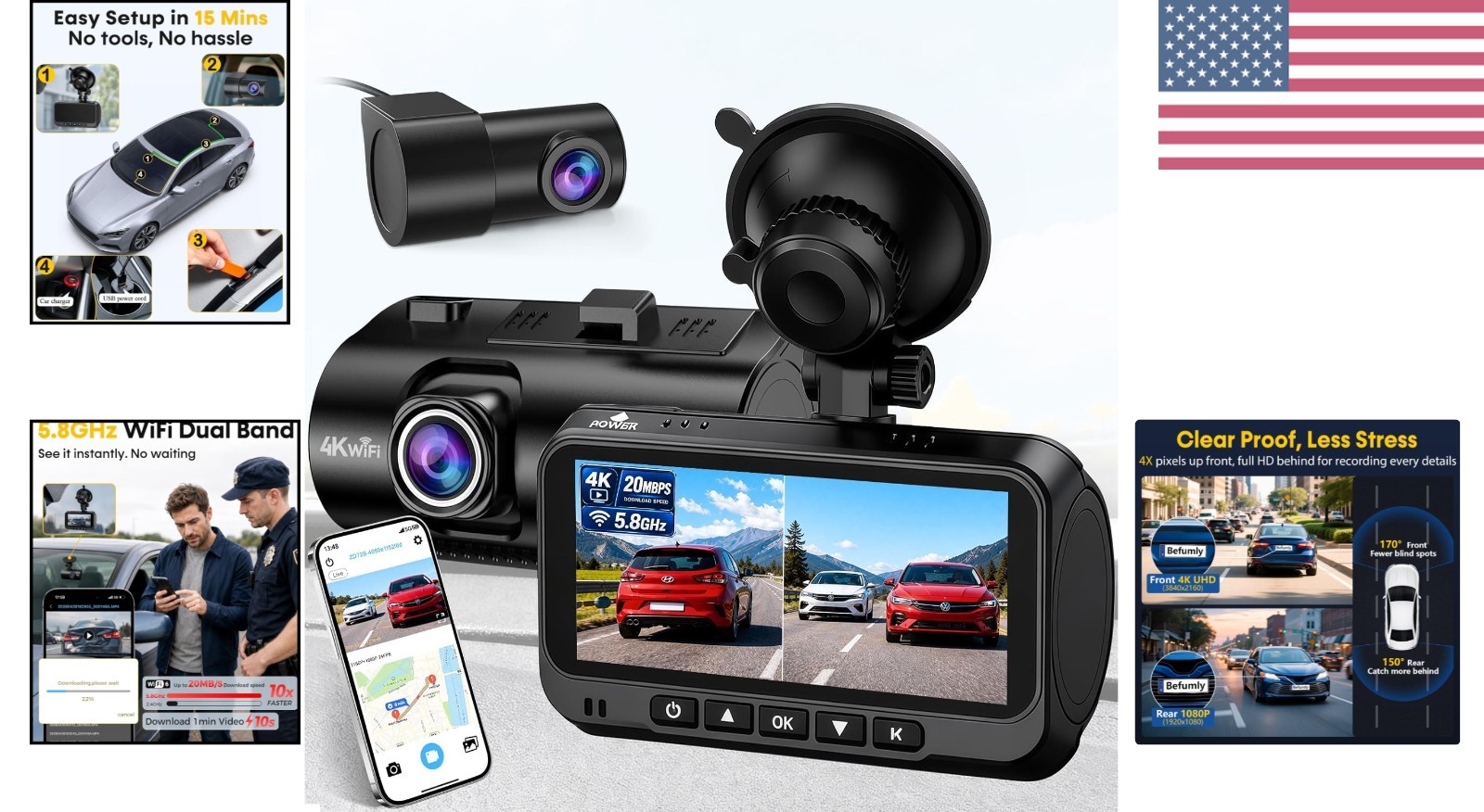 24/7 Protection: Dual 4K & 1080P Dash Cam with G-Sensor & Wi-Fi for SUVs