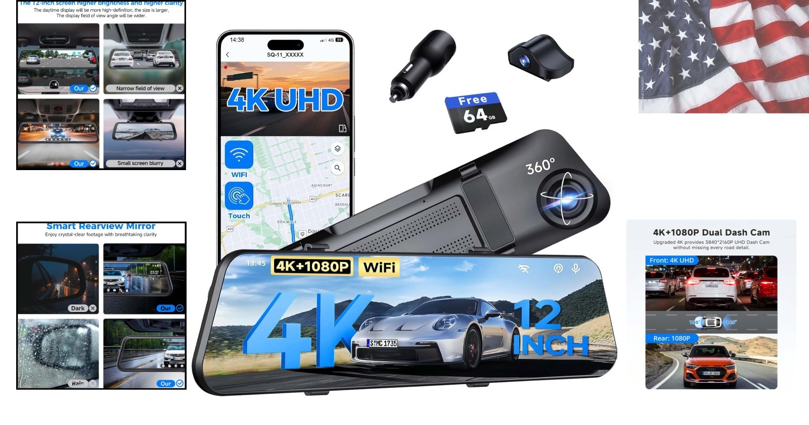 4K Mirror Dash Cam,Rear View Mirror Camera with WiFi,Dash Cam Front and Rear …