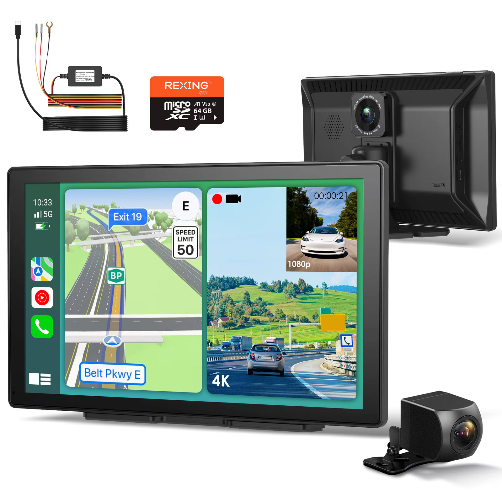 Rexing – 4K+1080p Dash Cam with CarPlay & Android Auto, WiFi, GPS, and Parkin…