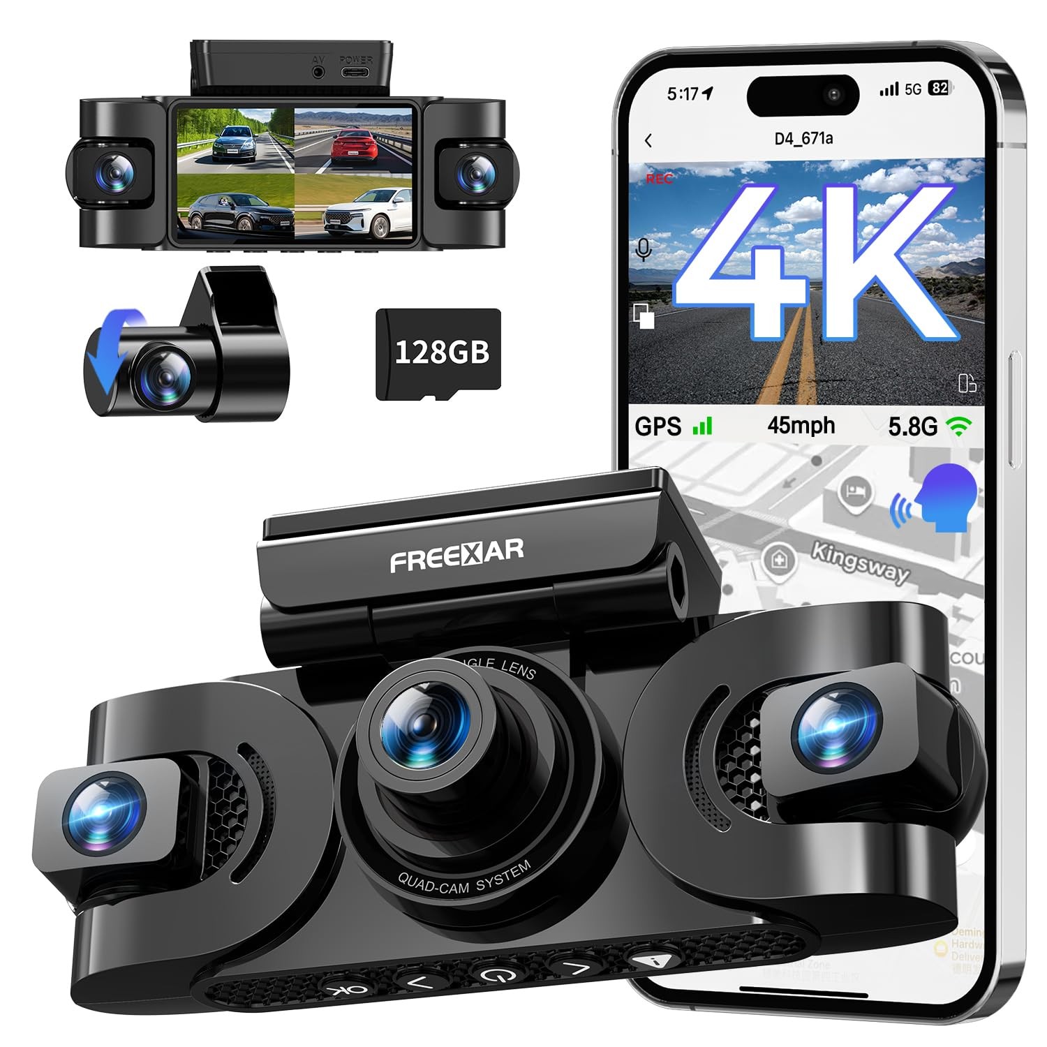 4K 360 Degree Dash Cam 4-Channel Full Coverage GPS 128GB