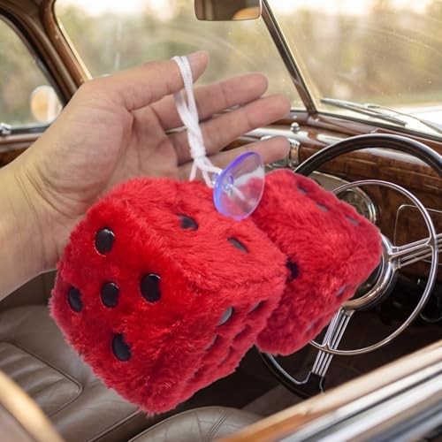 Fuzzy Plush Dice for Car Mirror, Pair of Retro 3” Dice with Black Dots for Red