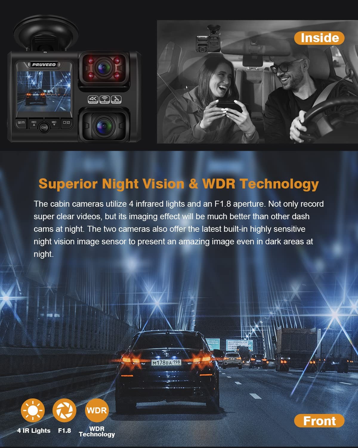 Dash Cam, Front and Inside 1080P Dual FHD Dash Camera for Cars, Novatek Proce…