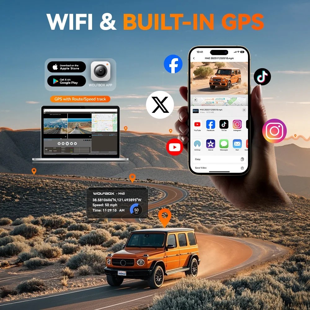 WOLFBOX M40 Dash Cam 4K 1080P Front Rear Voice Control WiFi GPS 64GB