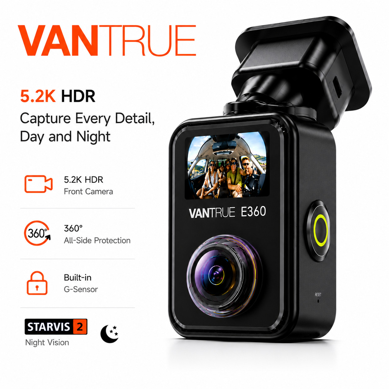 Vantrue E360 5.2K HDR 360° Dash Cam WiFi GPS STARVIS 2 Night Vision Parking Mode