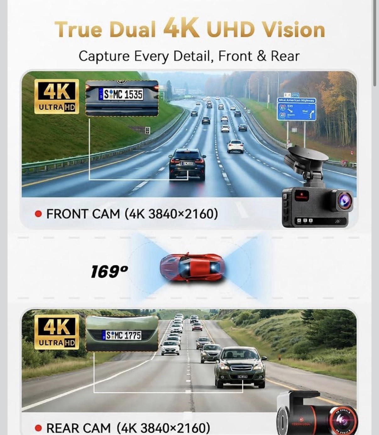 4K+4K Dash Cam Front and Rear, Free 128GB Card Included, 5.8Ghz Wifi Dash Camera