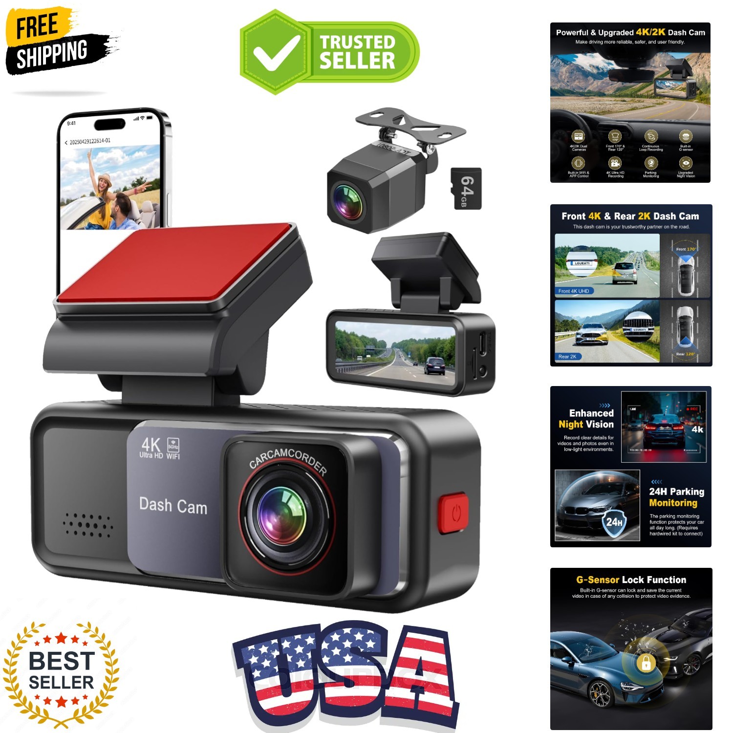 4K+2K Dash Cam Front and Rear, Free 64GB Card Included, 5.8GHz WiFi Dash Came…