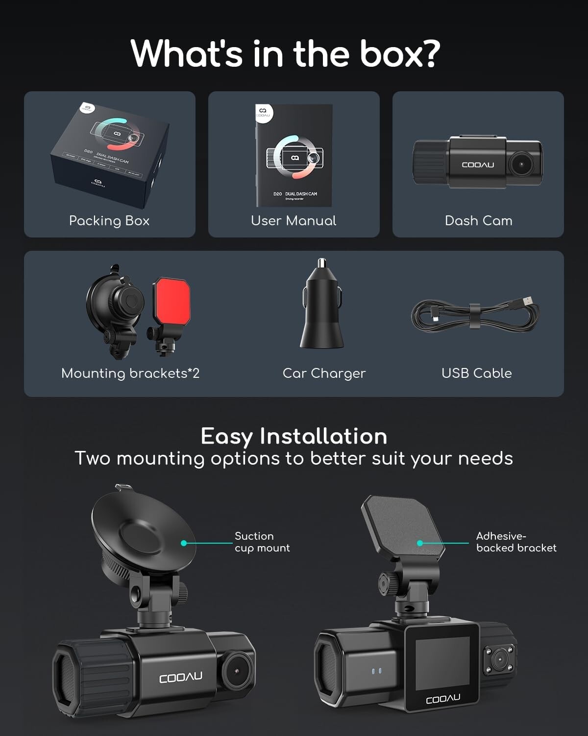 COOAU 2.5K Wi-Fi Dash Camera Front and Rear Inside Build-in GPS Dash Cam 256GB