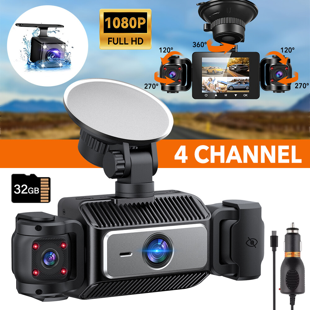 4 Channel Dash Cam 360° Dash Camera HD 1080P 4 Lens Driving Recorder w/32G Card