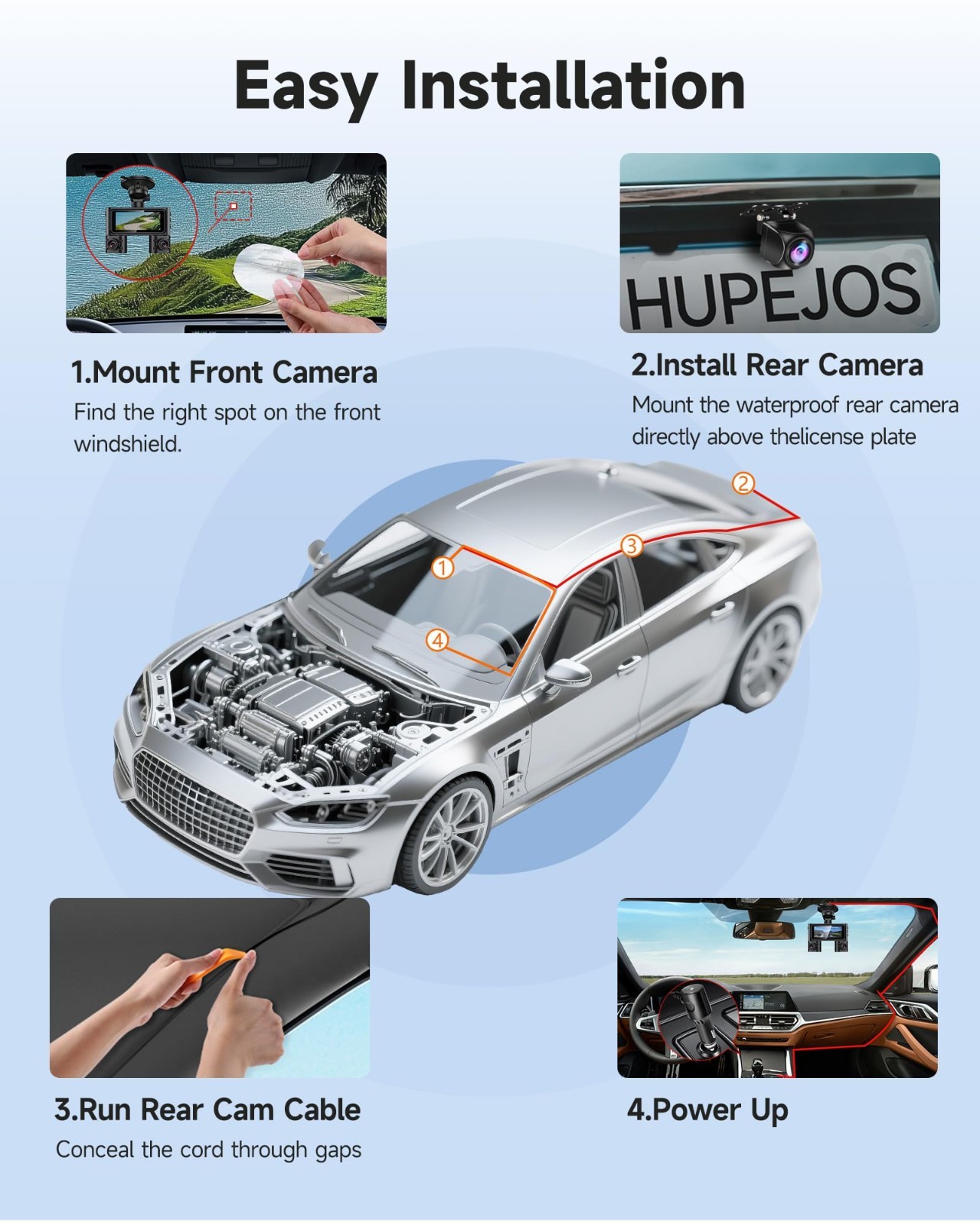 360° Dash Cam Front & Rear, 4 Channel FHD 1080P, Wi-Fi, Night Vision, Voice Cont