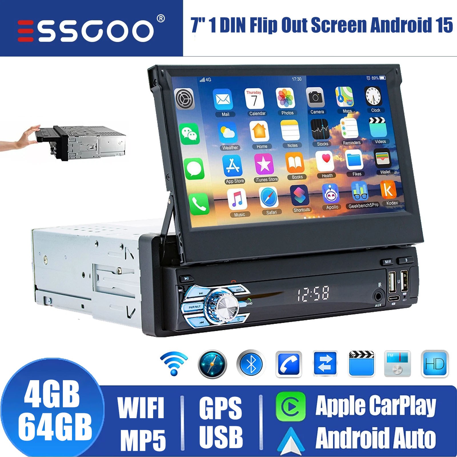7″ Single 1 DIN Android 15 Flip Out Screen Carplay Car Stereo GPS USB WIFI 4+64G