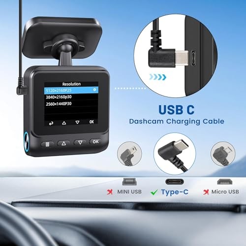 USB C Dash Cam Power Cord (13FT/4M), 90 Degree USB-A 2.0 to Type-C Cable
