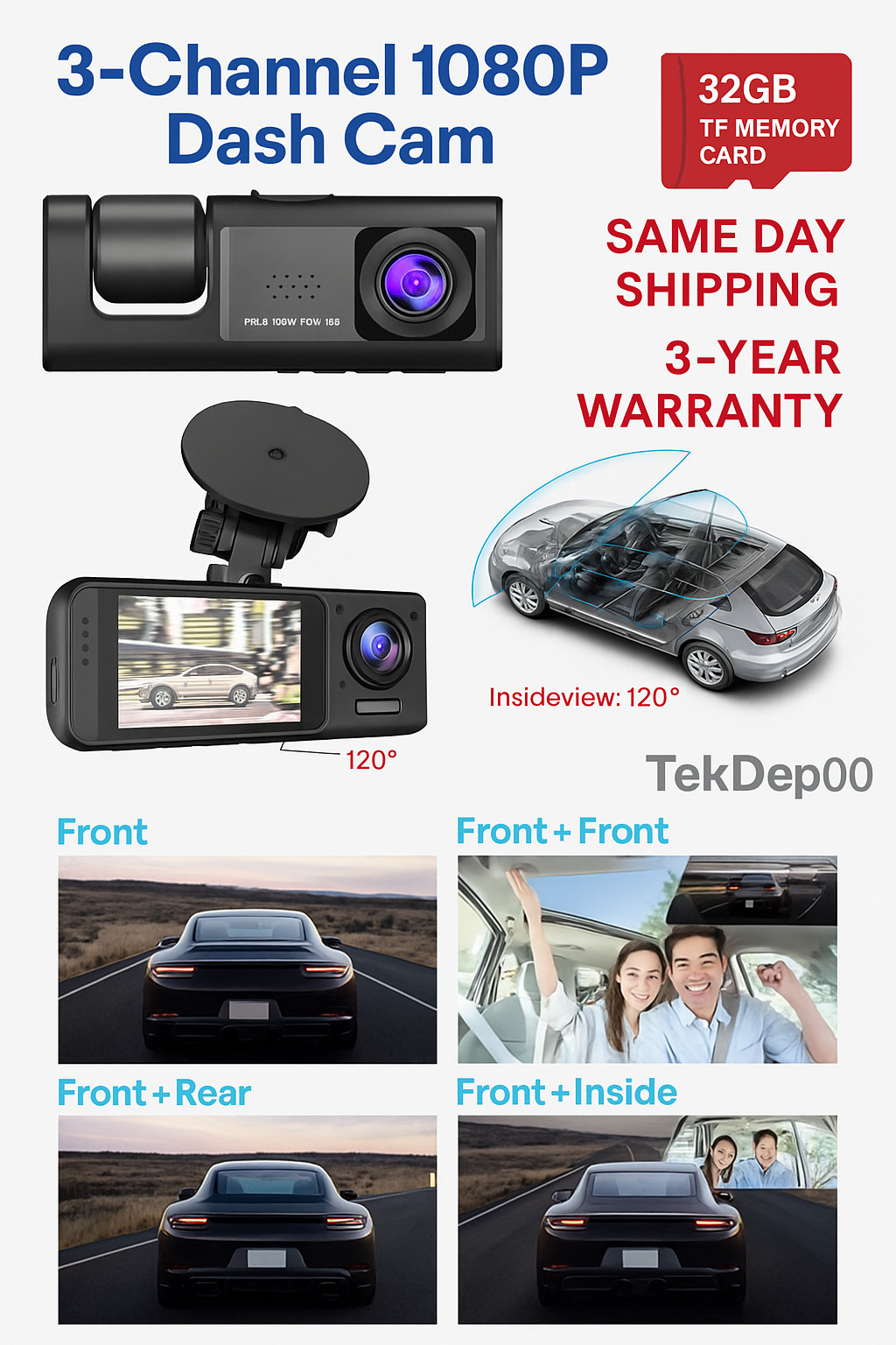 Touch Screen Dash Cam 4″ 1080P Front/Rear Camera Dual Lens Car DVR Recorder