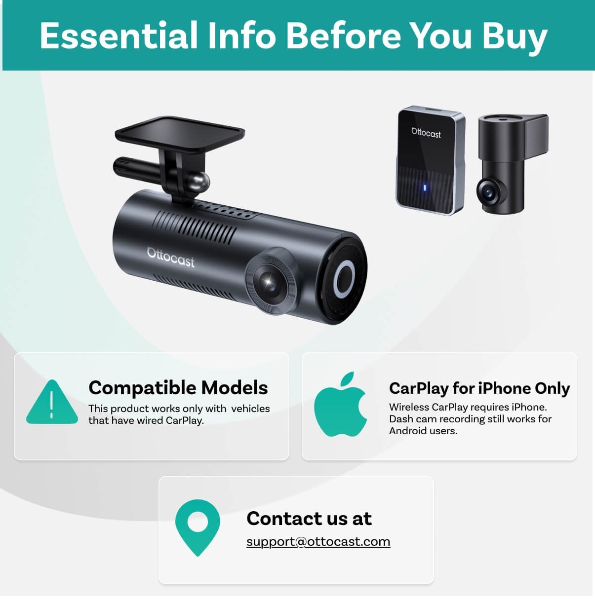 Ottocast Carplay Cam | Records 1080P HD Video 2K Front and 1080P Rear Dash Cam