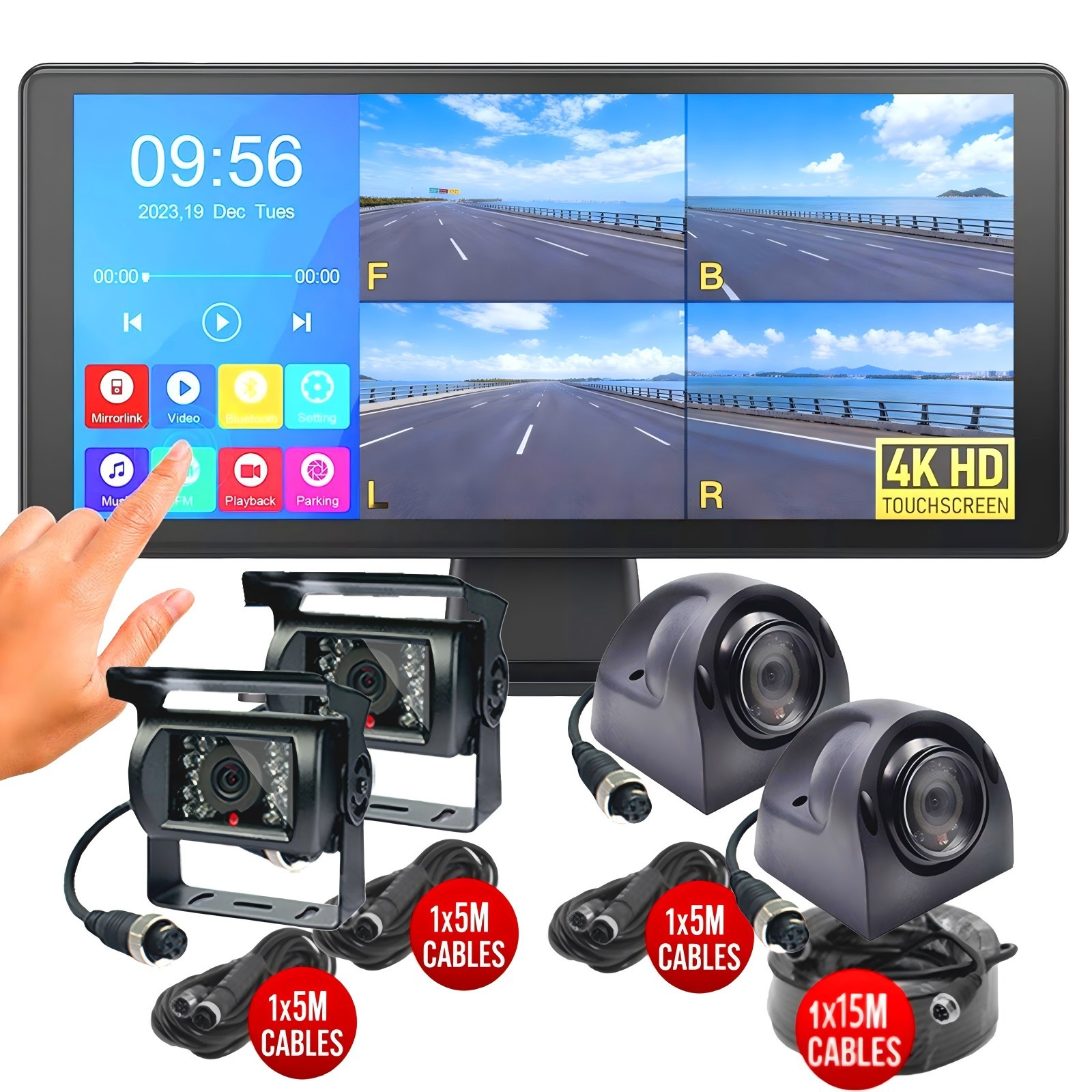 10.36″ Touchscreen IPS DVR Quad Monitor 360 Front/Side Rear View Cameras Package